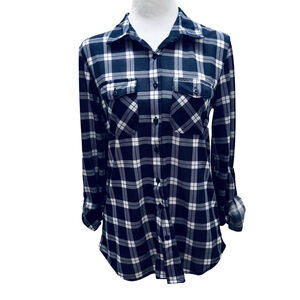 Blue and White Plaid Button Down Flannel Shirt M